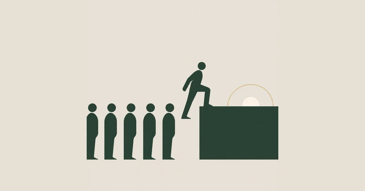 A figure stepping out of a row of identical figures onto a raised platform